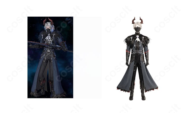 セフィロスのハロウィン対応コスプレ衣装を着用したシーン。黒ロングコートと装飾をリアルに再現した全身イメージ。