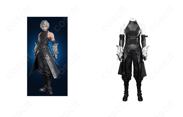 セフィロス 羽刃の修験装コスプレの正面一式とキャラクターイメージ。高再現仕様・オーダーメイド対応を示す商品メイン画像