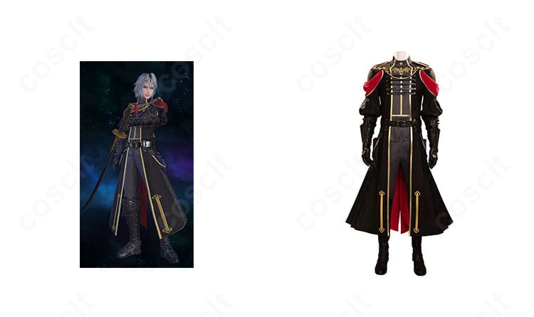 商品正面とセフィロスを並置した画像。神羅軍正礼装コスプレ衣装のフロントシルエットと装飾を忠実に再現。