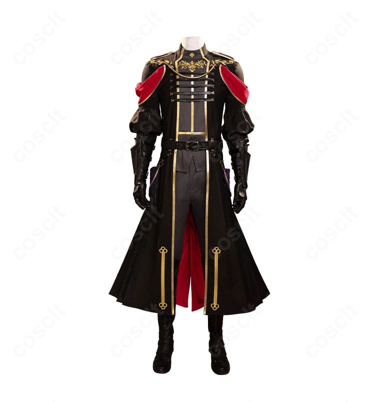 商品正面の全体像。FFVII セフィロス青年期の神羅軍正礼装コートとパンツ、ベルト配置まで確認できるカット。