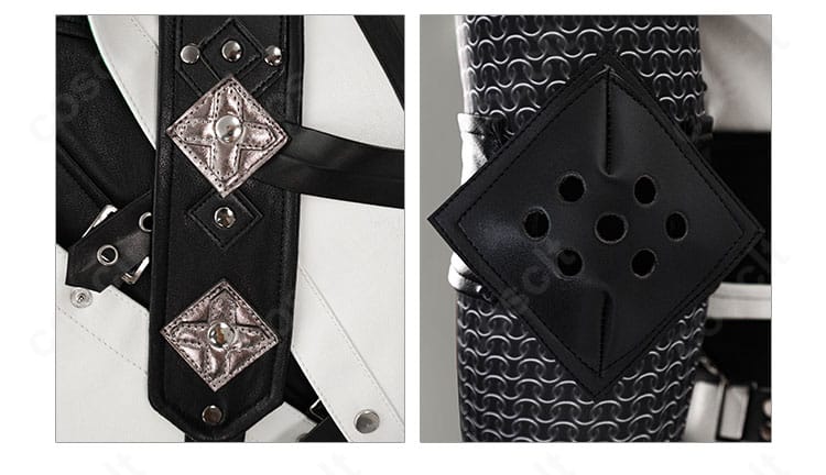 肩ストラップと肘当ての仕上げ。縫製とパーツ固定の丁寧な作り