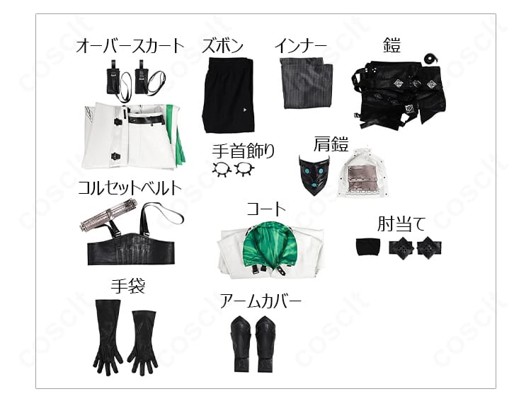 セット内容一覧を配置した画像。コート、インナー、ボトム、アーマー類を一望