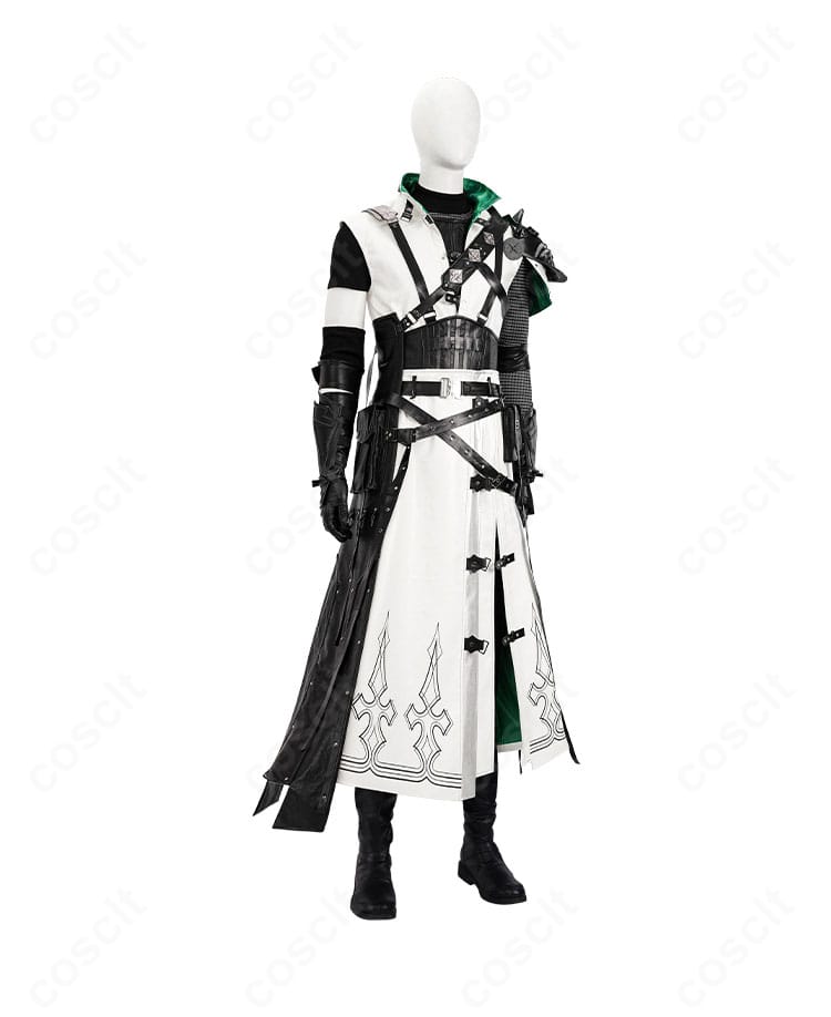 右側面から見たクラウド・ストライフ風コスプレ衣装。肩鎧とベルトの立体感