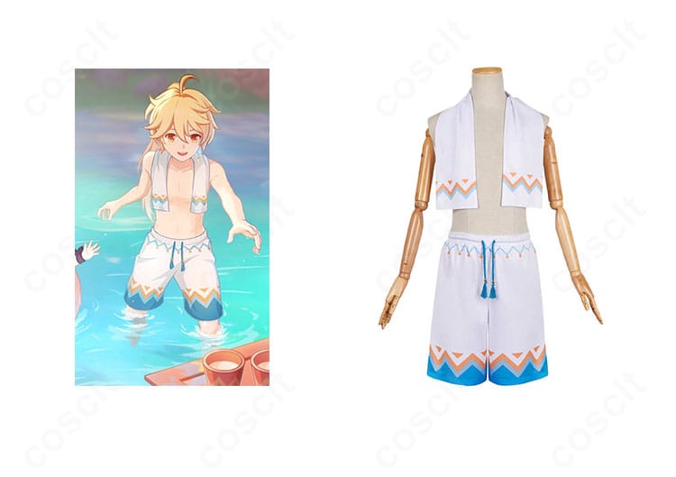 商品正面と空のコスプレ衣装を並べた画像。ナタ 魔神任務の温泉衣装を高再現し、ショートパンツとマフラーの配色・装飾がわかる構成。