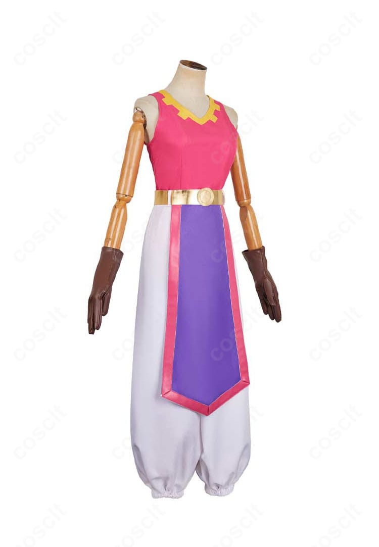 右側面からのゼルダ姫コスプレ衣装。ベルト金具やトップスのライン、袖口の仕立てなど立体的なディテールが分かる角度。