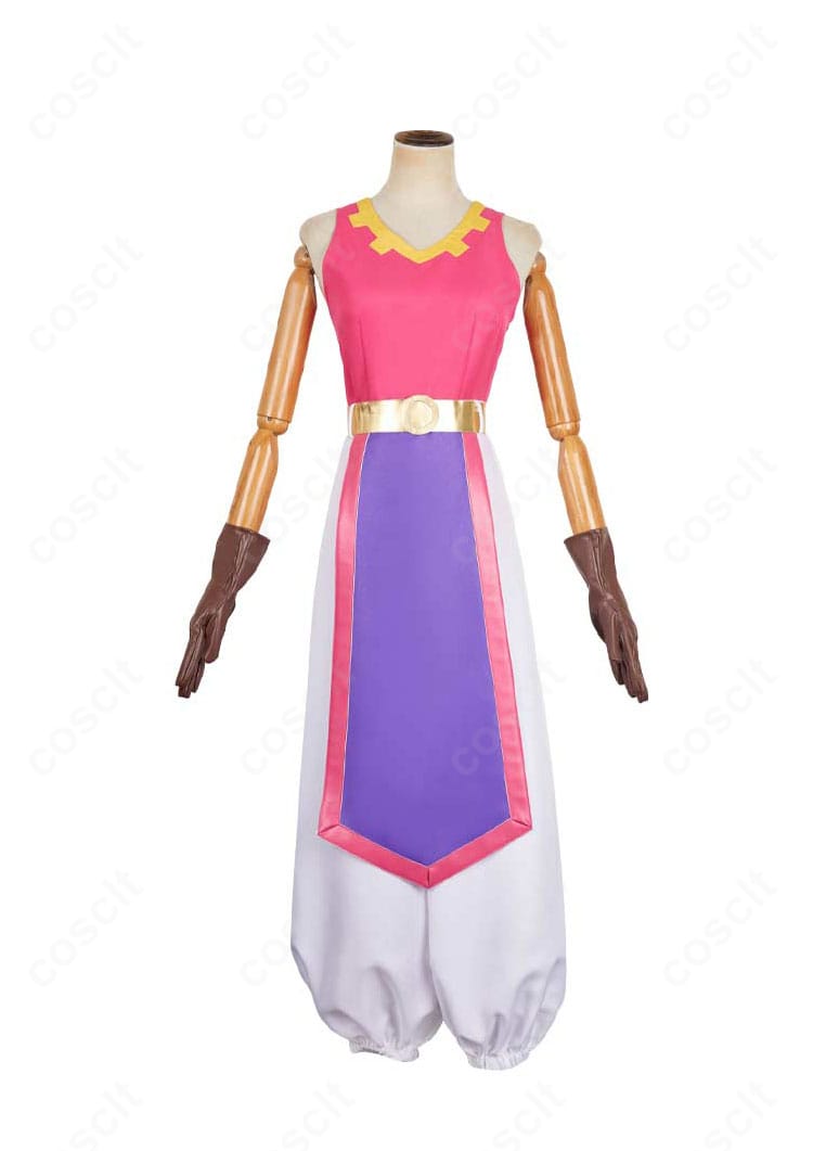 正面から見たゼルダの伝説 ゼルダ姫コスプレ衣装。刺繍入りの衿と落ち着いた配色、端正なシルエットを確認できる全身図。