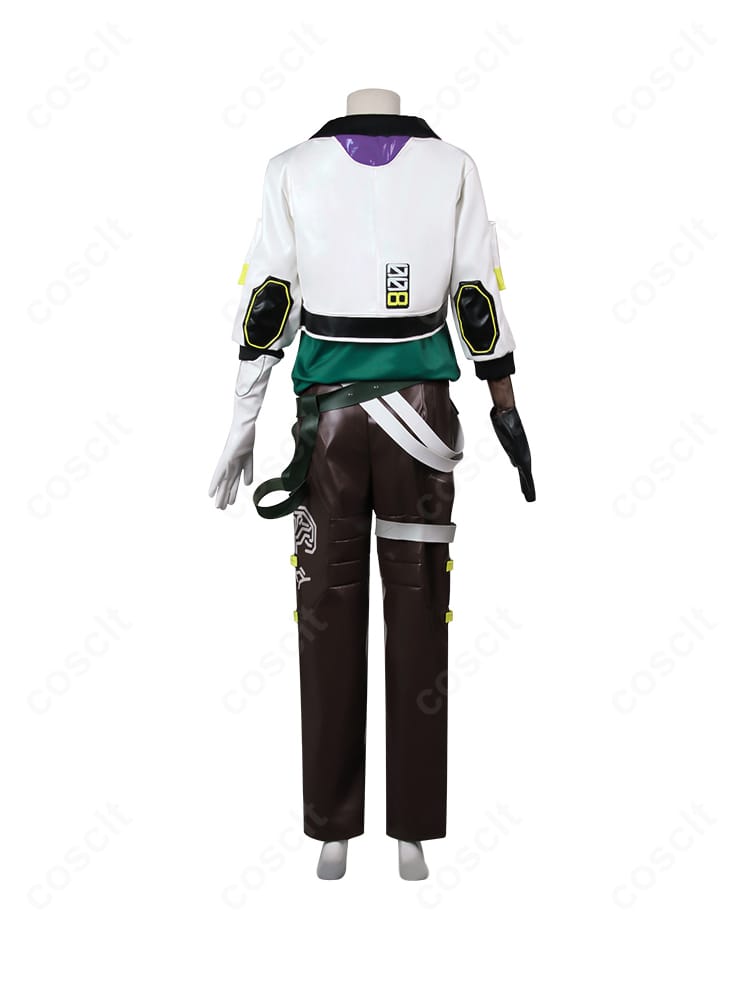 デッドロック衣装の背面全景、背中パネルとベルト位置の再現ディテール