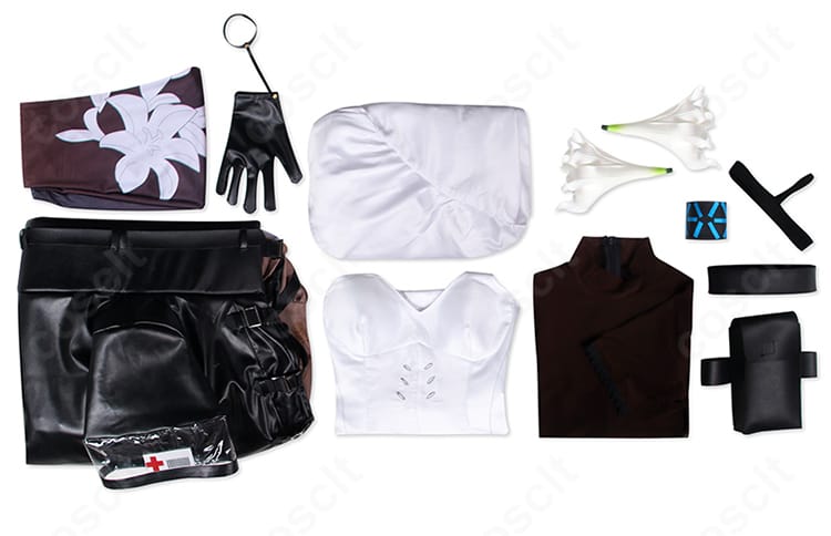 焔影リード コスプレ セット内容一覧。コート、トップス、インナー、スカート、アクセ類が一目で分かる。