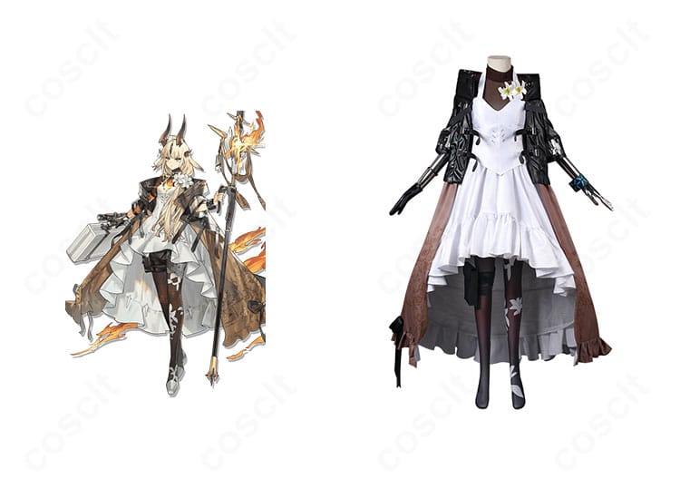 アークナイツ 焔影リードの焔影衣装コスプレ。正面全身とキャラクター比較で再現度の高さが分かる画像。