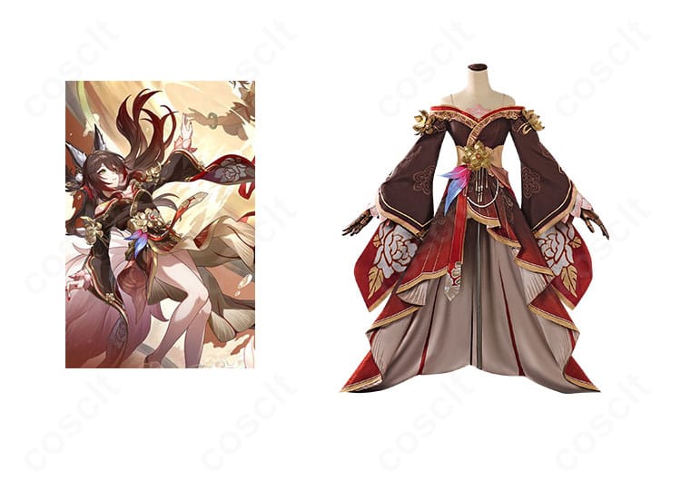 崩壊：スターレイル 帰忘の流離人の全身コスプレと公式ビジュアル風の組み合わせ。多層ドレスの重なりと装飾を比較できる正面画像。