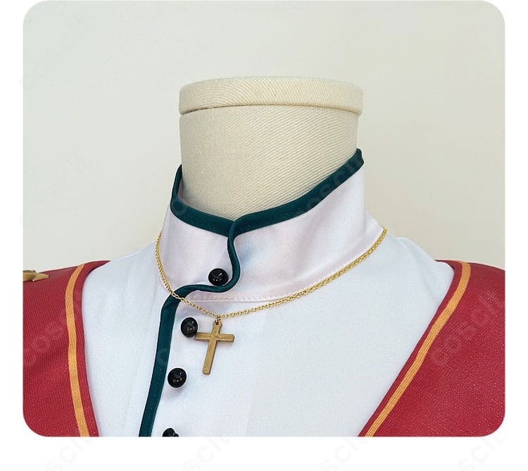 スタフェス衣装の十字ネックレスと門襟装飾。高級感のあるアクセサリーでキャラクター性を強調