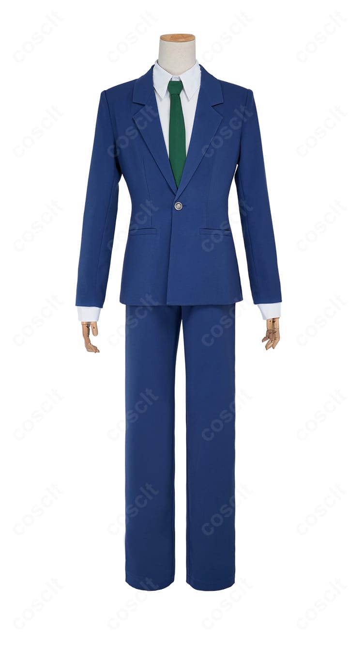 名探偵コナン 工藤新一コスプレ衣装の正面全体像。ブルー系ジャケットとシャツ、ネクタイで端正に再現。