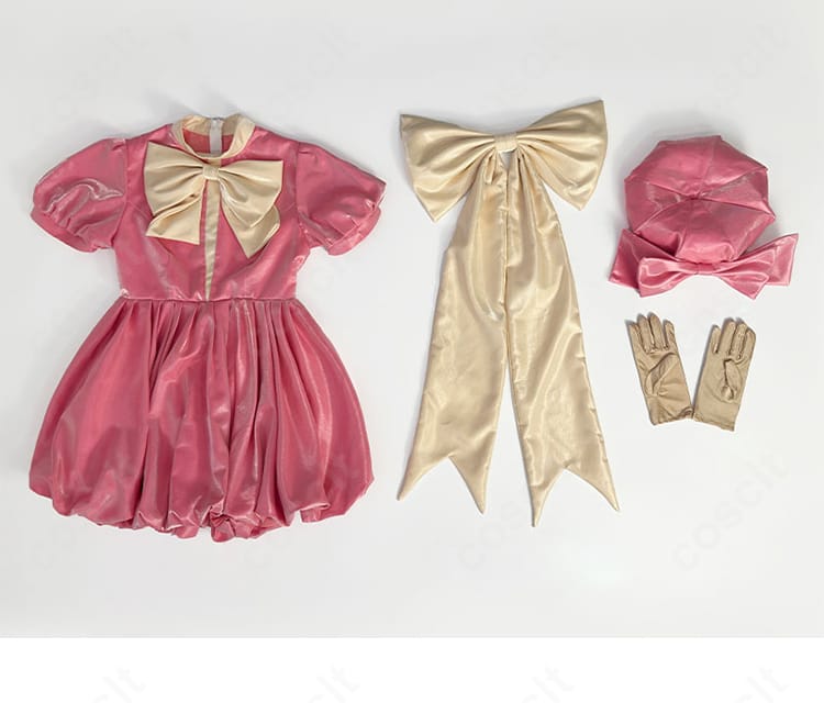 木之本桜コスチュームのセット内容一覧。ワンピース、背部蝶結び、帽子、手袋が並ぶ構成写真。