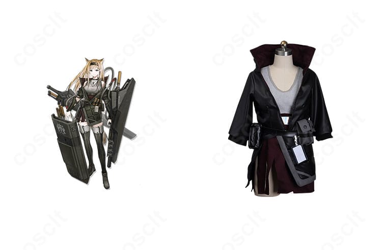 アークナイツ ホルンのコスプレ衣装一式を正面から撮影。ハリのあるコートとシャープなシルエットを高再現。イベント向けの仕上がり。