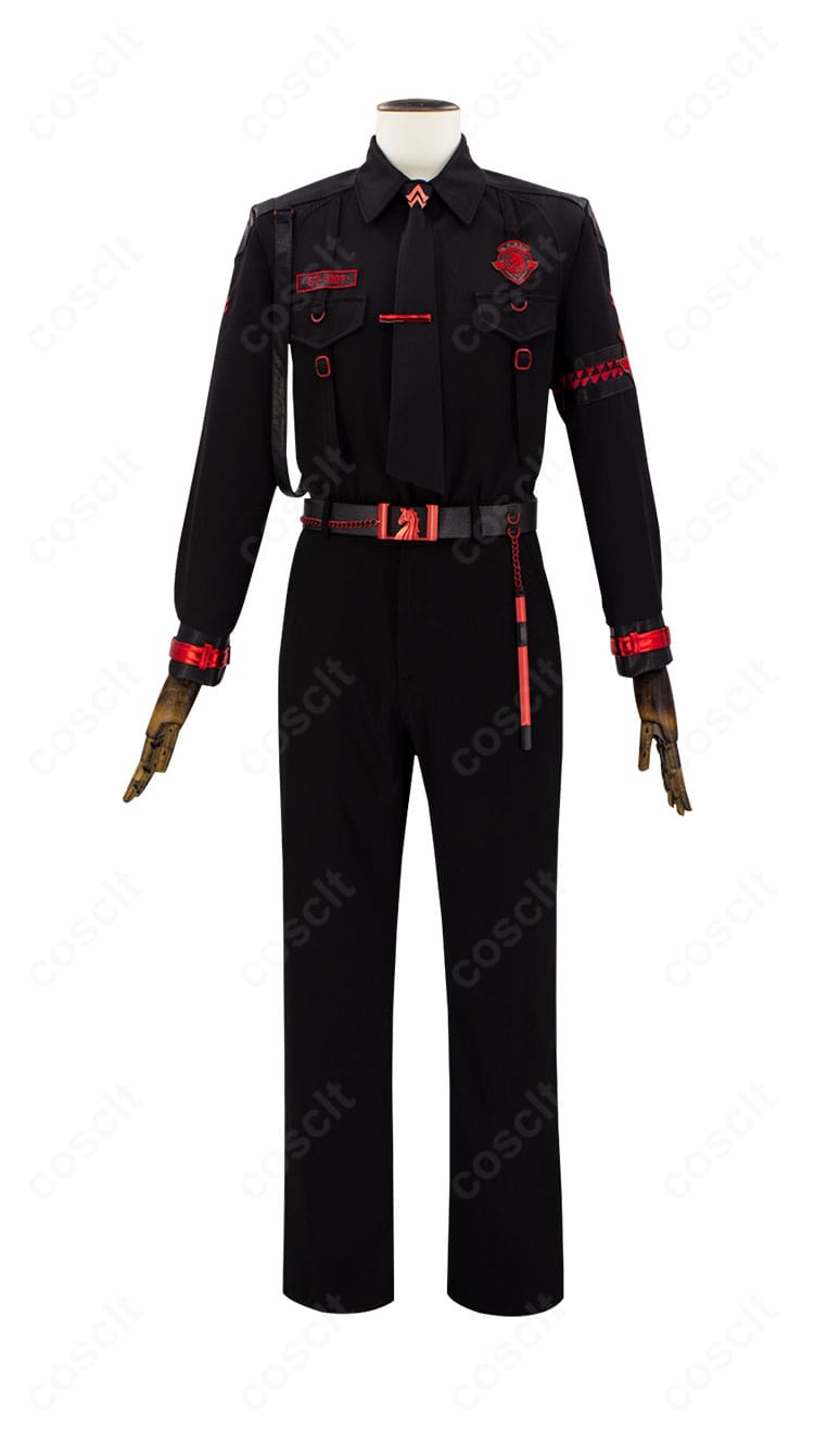 Evol特殊部隊の黒制服を正面から撮影。肩章と胸元の意匠が明瞭にわかるディテール重視カット。