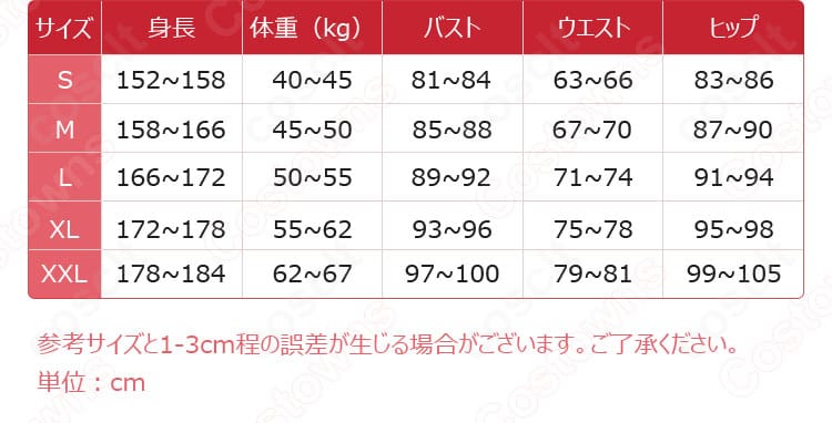 C.C.衣装のサイズガイド｜S〜XXLの採寸ポイントと選び方を示した案内図