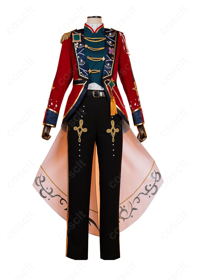 天祥院英智コスプレ衣装 正面全身。コート・ベスト・シャツの重ね着と胸飾りの配置が忠実に再現。