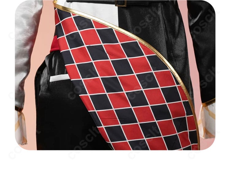 衣領装飾のメタルパーツと縁取りの近接ディテール