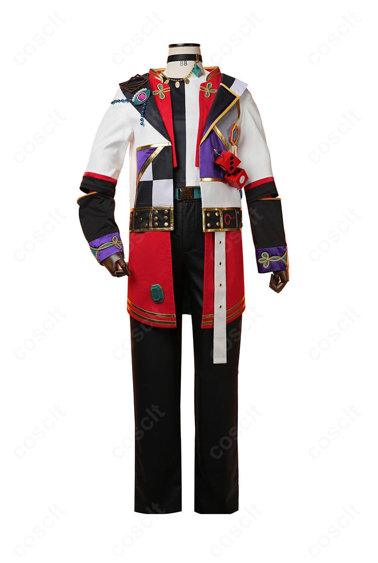 七種 茨 コスプレ衣装（双六盤上戦）の正面全体。ロングコートの直線的シルエットと落ち着いた配色を確認できる画像。