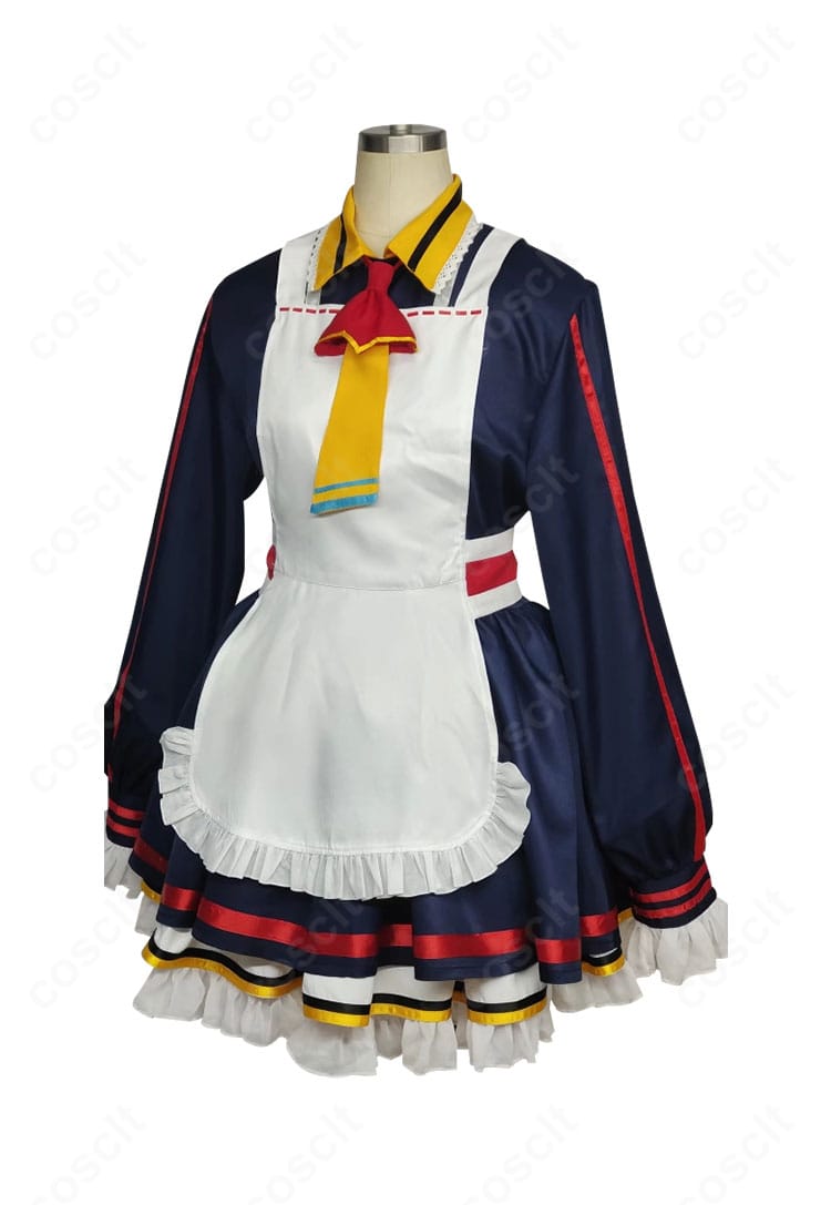 商品側面図。スカートの広がりとエプロンのライン、スカーフの見え方など横からのディテール。