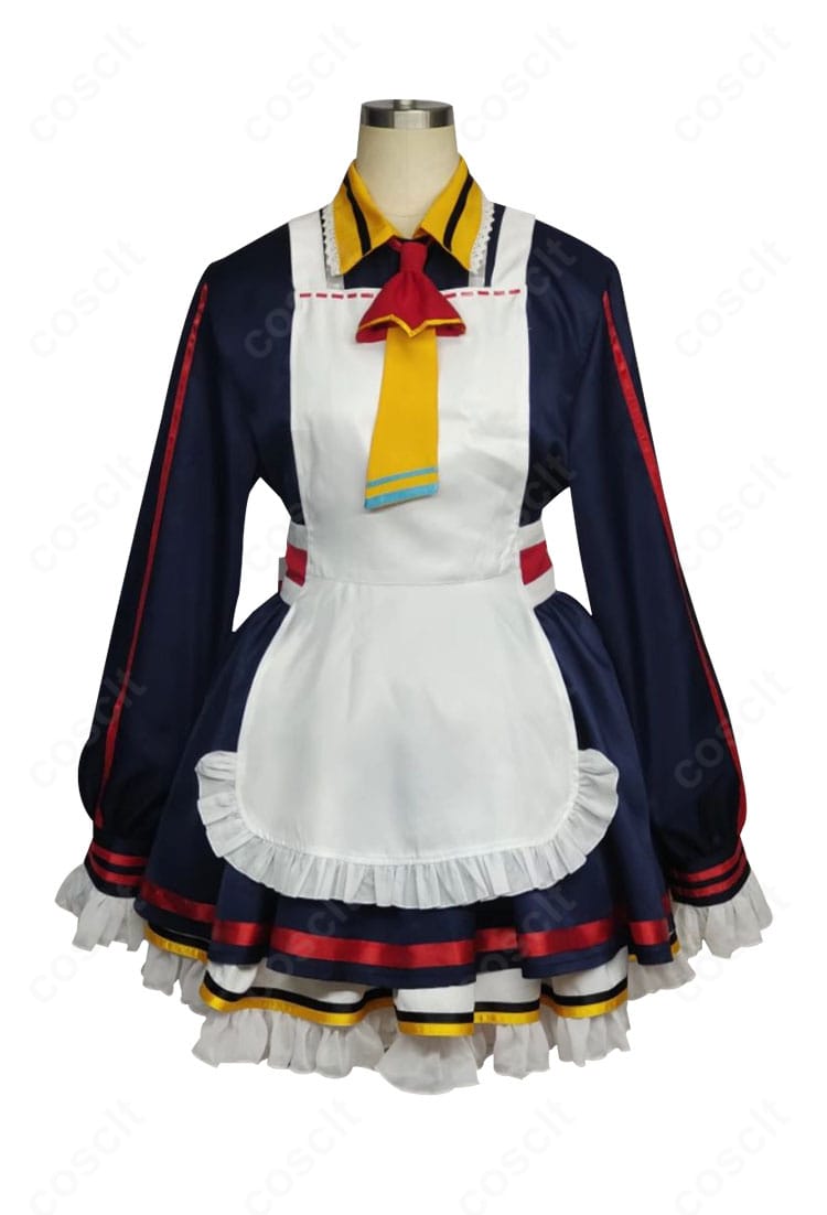 商品正面図。ブルーアーカイブ 愛清フウカのエプロンスタイルを忠実に再現したコスプレ衣装の全体シルエット。