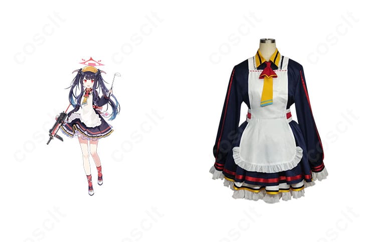 正面全体と愛清フウカの参考ビジュアルを並置したコーデ例。エプロンとワンピースの配色、蝶結びのサイズ感まで再現。