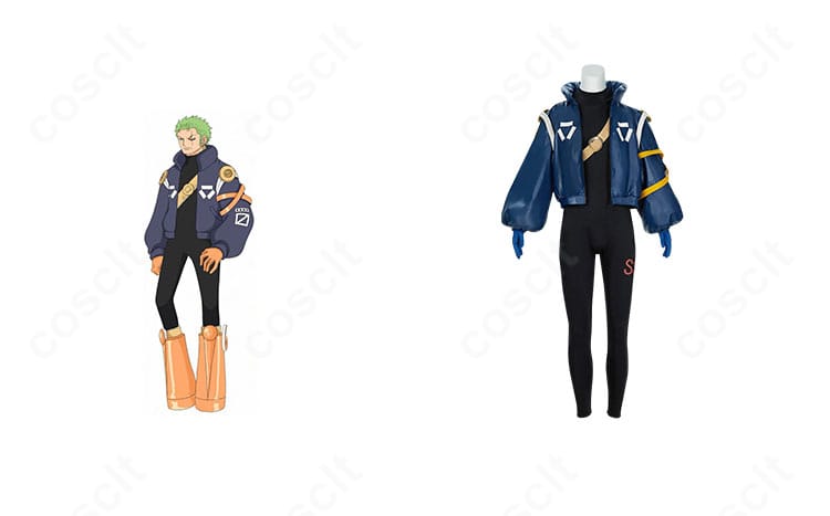 ONE PIECE ロロノア・ゾロのエッグヘッド編コスプレ衣装を正面から。コートとジャンプスーツの質感と全体シルエットを忠実再現。