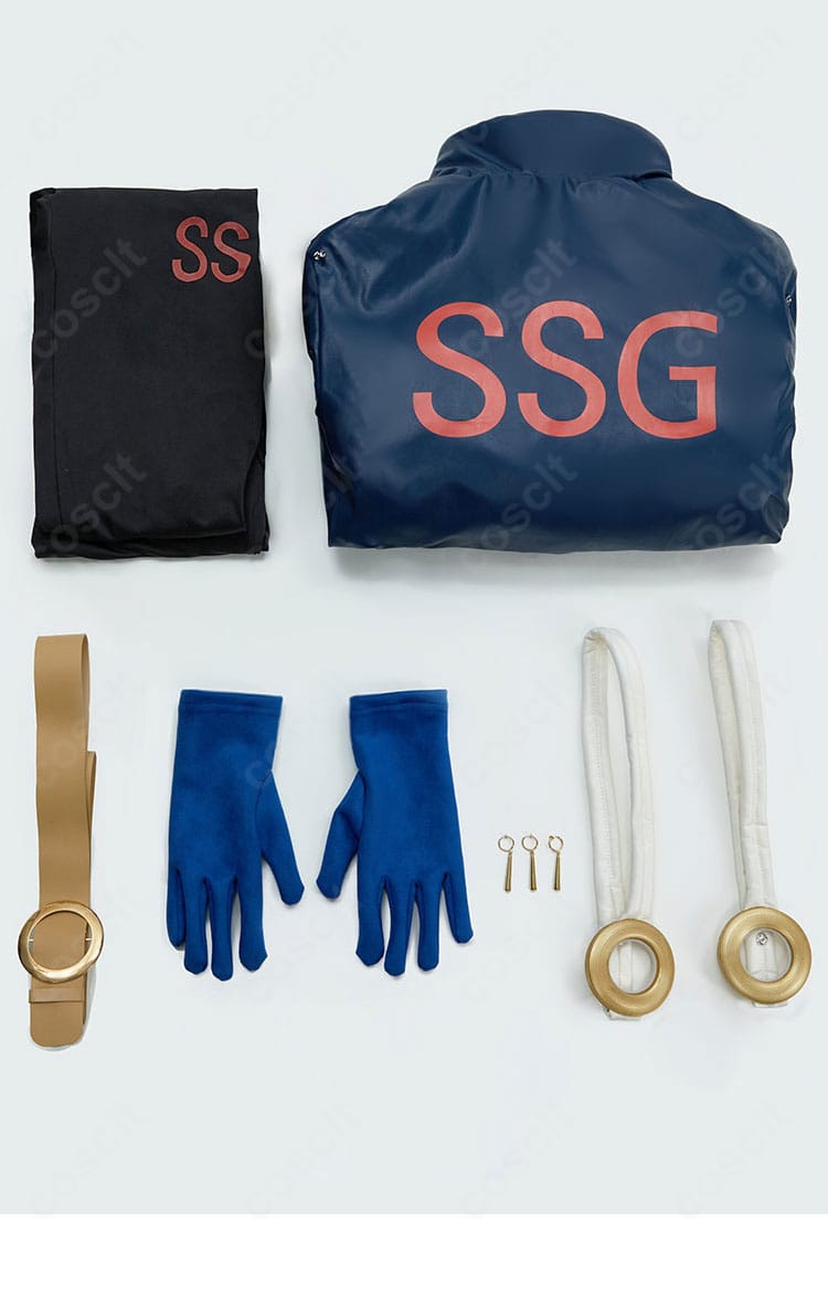 セット内容一覧画像。コート、ジャンプスーツ、手袋、ショルダーストラップ、耳飾り、斜めショルダーストラップを並べて表示。