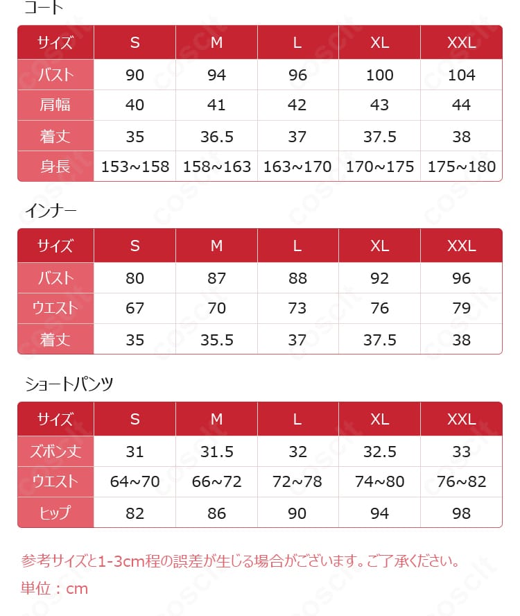 ジェーン・ドゥ衣装のサイズ表と寸法ガイド。S~XXLの各部位実測参考で選びやすい。