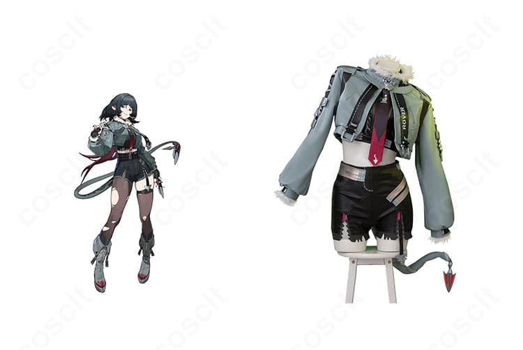 ゼンレスゾーンゼロ ジェーン・ドゥ衣装の正面全体とキャラクター参考。コートと耳・尻尾を含むフルセットの雰囲気が分かる構図。