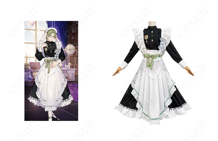 オリビンのメイド服コスプレ衣装正面とキャラクタービジュアルを並置、高再現ディテールが伝わる全体写真