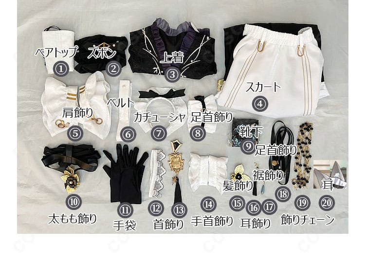 レイ メイド服コスプレのセット内容一式。各アイテムが一目で分かるレイアウト画像