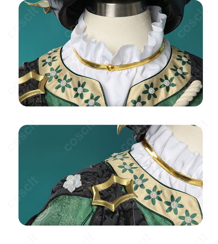 襟と肩飾りのクローズアップ。装飾パーツの立体感と縫製の補強ポイントを表示。