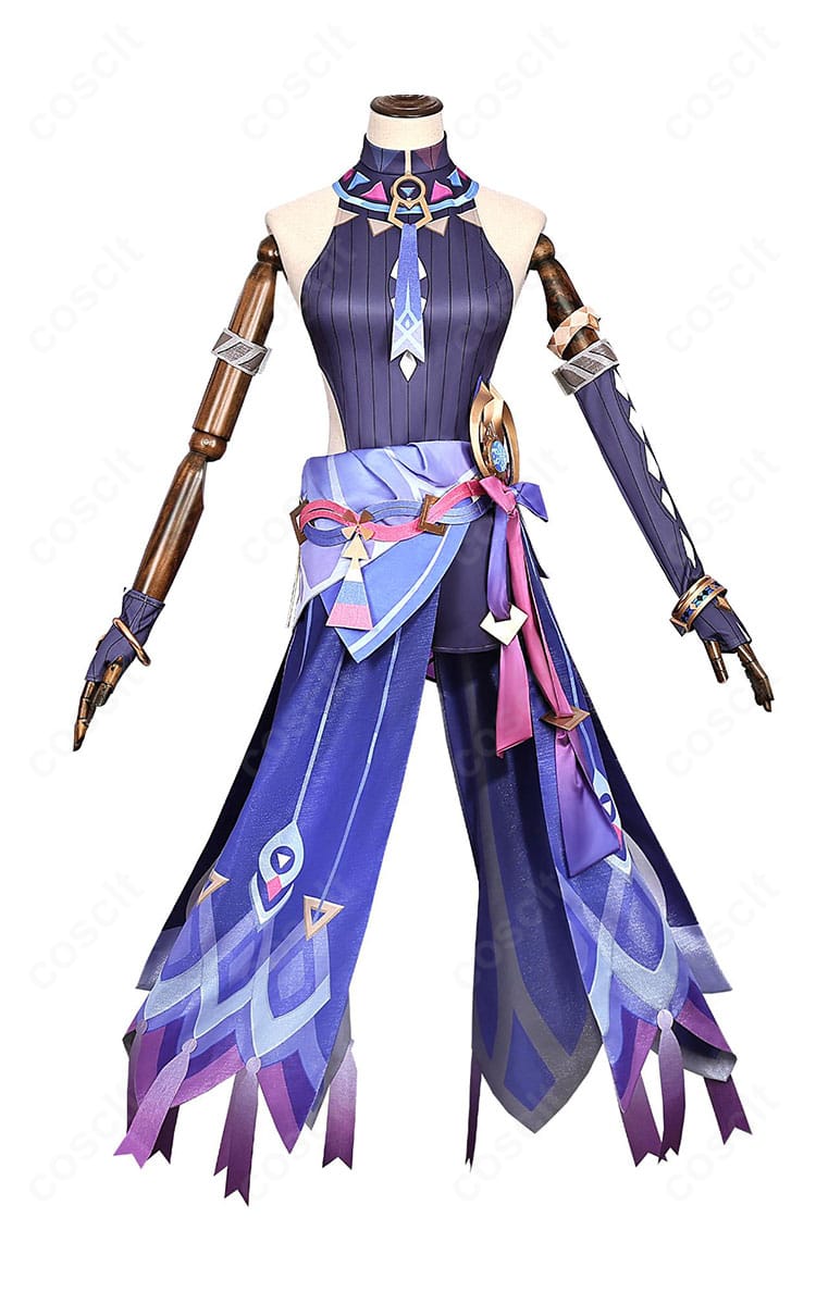 原神 シトラリ コスプレ衣装の正面全身。伸縮レオタードと胸飾りを中心に、セット内容の主要パーツが見える写真。