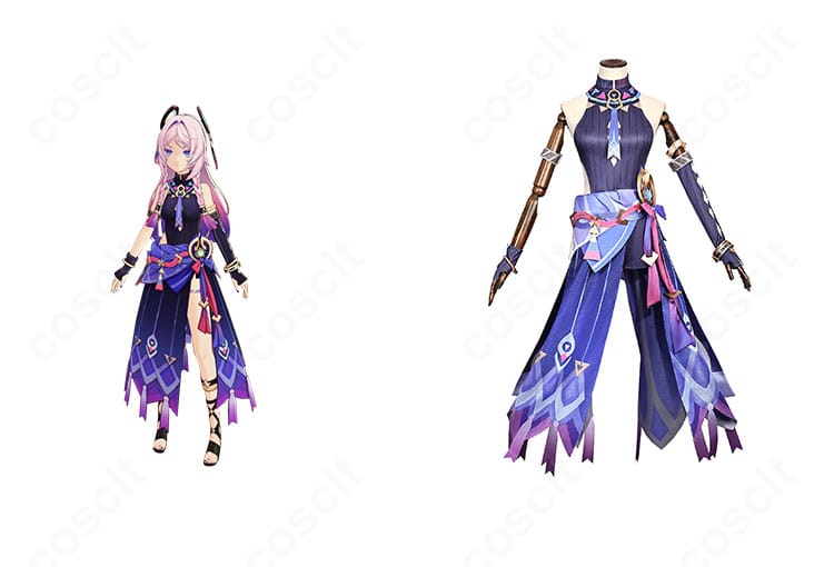 原神 シトラリのコスプレ衣装一式とキャラクターイメージを並置した正面カット。レオタード基調と装飾の全体感がわかる構図。