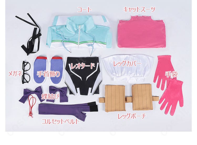 セット内容一覧。コート、レオタード、ベルト、レッグカバー、メガネ等の同梱物を確認