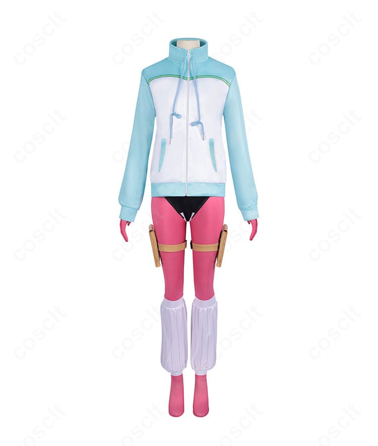 正面全身カット。出浦白津莉コスプレ衣装のレオタード、コート、ベルトの配置が一目で分かる