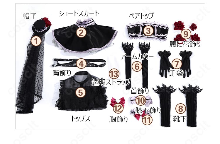 西木野真姫 怪談編コスプレ衣装のセット内容一覧。帽子、トップス、ベアトップ、アームカバー、手袋、スカート、背飾り、靴下、各種飾り、透明ストラップを並べて表示。