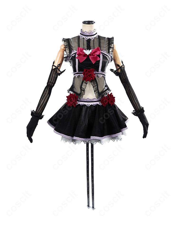 西木野真姫 怪談編コスプレ衣装の正面全体。ベアトップ＋透明ストラップとショートスカートのシルエットを強調。