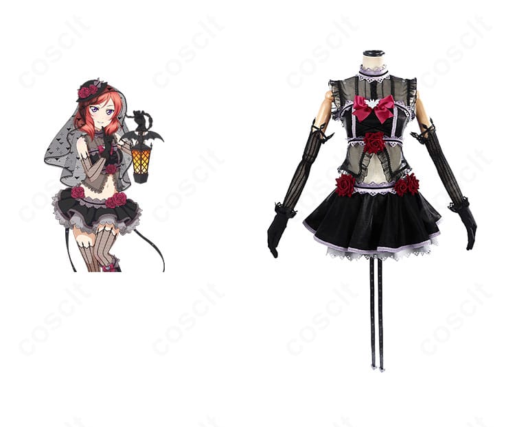 西木野真姫 怪談編コスプレ衣装の正面とキャラクターイラスト風要素を並置した画像。胸飾りと腰花、配色の再現が確認できます。