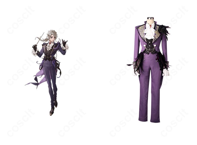 第五人格 作曲家フレデリック・クレイバーグのコスプレ衣装 正面とキャラビジュアル。演奏会風の雰囲気を再現したフルコーデ全体像