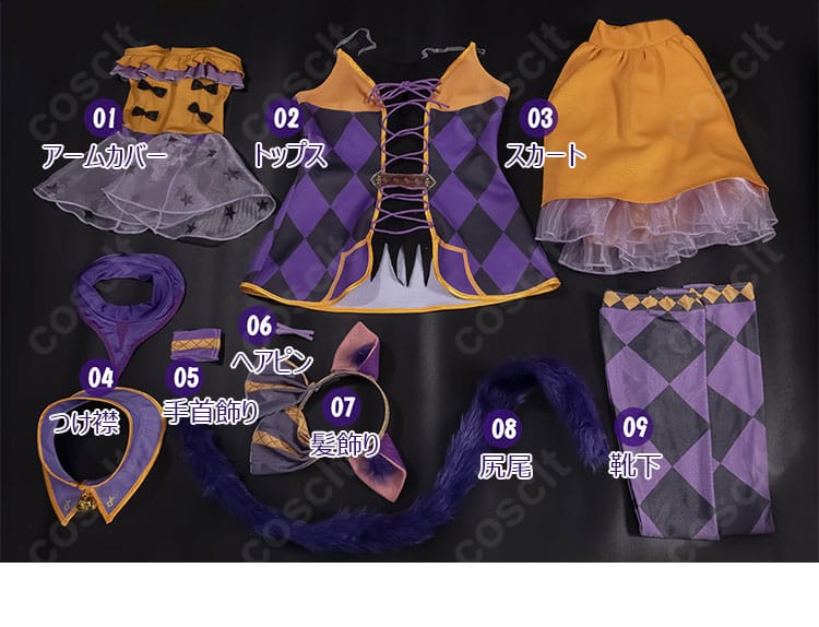 セット内容一覧。トップス、スカート、つけ襟、アームカバー、手首飾り、ヘアアクセ、尻尾、靴下を表示。