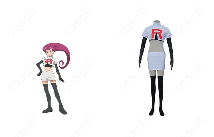 ポケットモンスター ムサシのロケット団制服コスプレ一式と公式風キャラクター参考、白基調に赤いRロゴを再現したデザイン