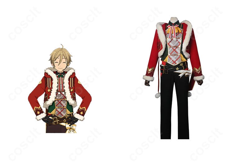 商品正面と真白友也のコラボイメージ。あんさんぶるスターズ！真白友也 ウィンターサンタ衣装の全体シルエットと配色が分かる画像