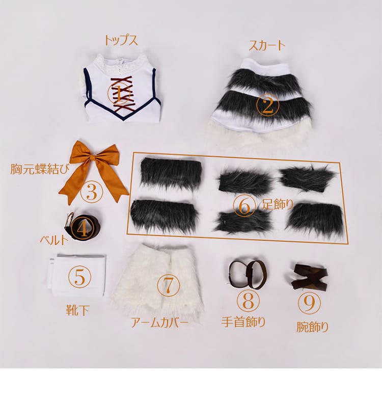 セツナ 氷狼族衣装のセット内容一覧。トップス、スカート、蝶結び、ベルト、靴下、足飾り、手首飾り、アームカバー、腕飾りを平置きで表示。