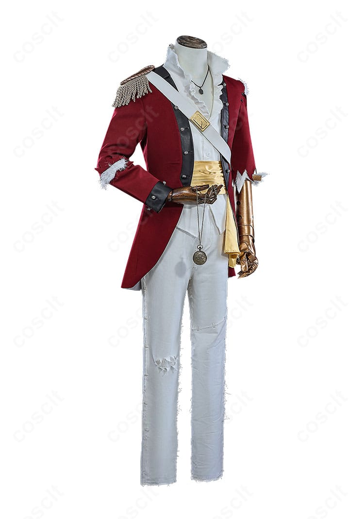 初期衣装コスプレの右側面。肩ベルトやコートのシルエット、小物の位置関係を強調