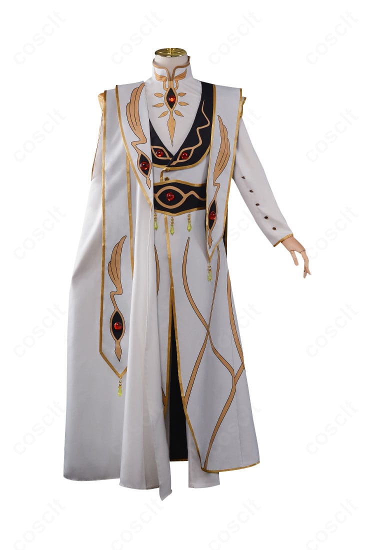 正面全体：ルルーシュ皇帝コスプレ衣装。コートとマントの直線的シルエット、金装飾の配置が分かるデザインショット。