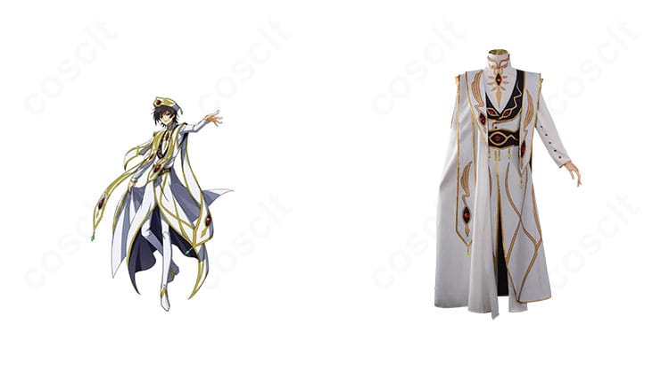 商品正面とキャラクター比較：コードギアス 反逆のルルーシュ ルルーシュ・ランペルージ皇帝衣装のフルセット。色味と装飾の一致で高再現を確認できる正面画像。