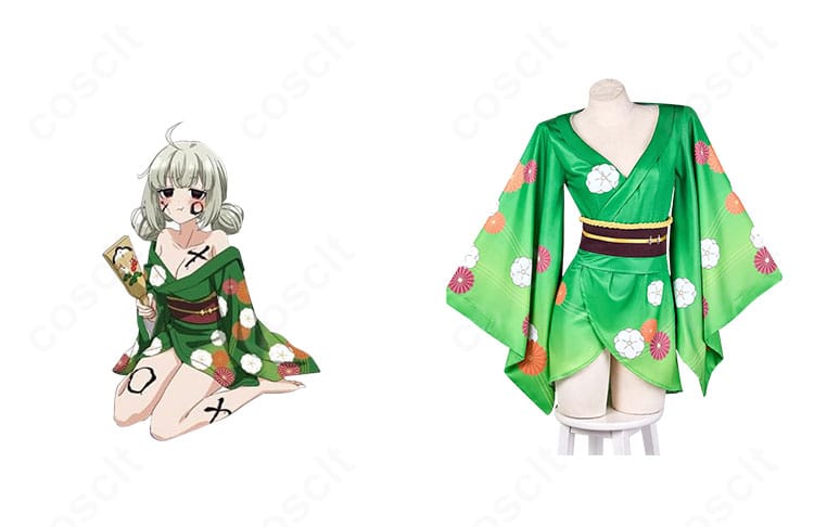 魔法少女にあこがれて 阿良河キウィ お正月ver. 和装コスプレ衣装の正面とキャラクター比較。装飾位置とシルエットを忠実再現した全身画像