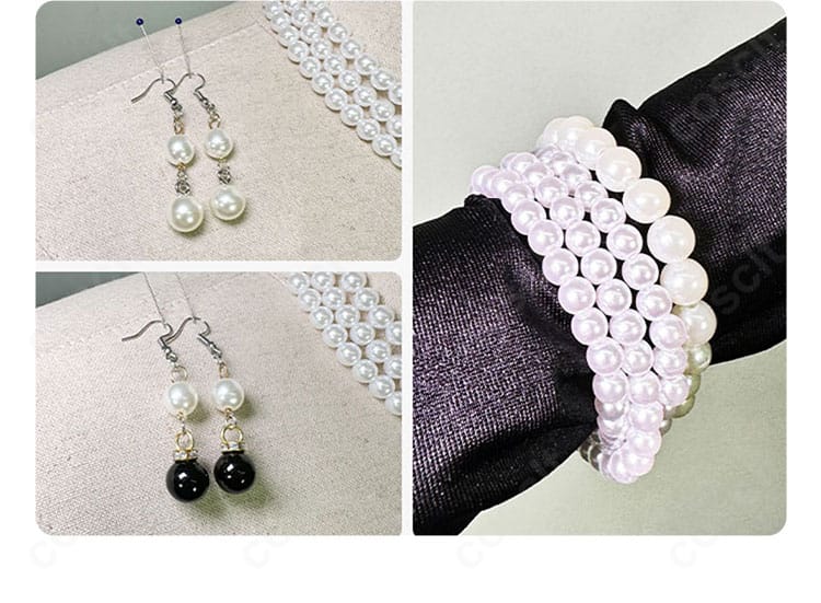 首飾り・耳飾り・ブレスレットの細部。質感の違いとセットの統一感が伝わるアクセサリーショット。